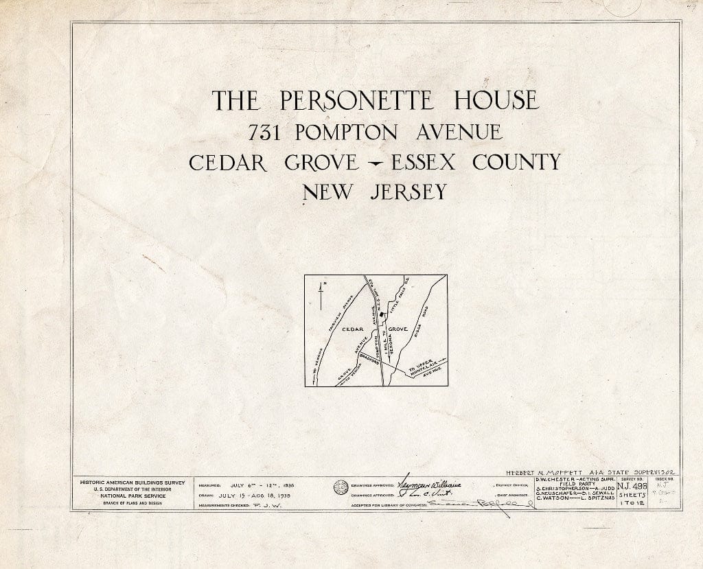 Historic Pictoric : Blueprint HABS NJ,7-CEGRO,2- (Sheet 0 of 12) - Personett House, 727 Pompton Avenue, Cedar Grove, Essex County, NJ