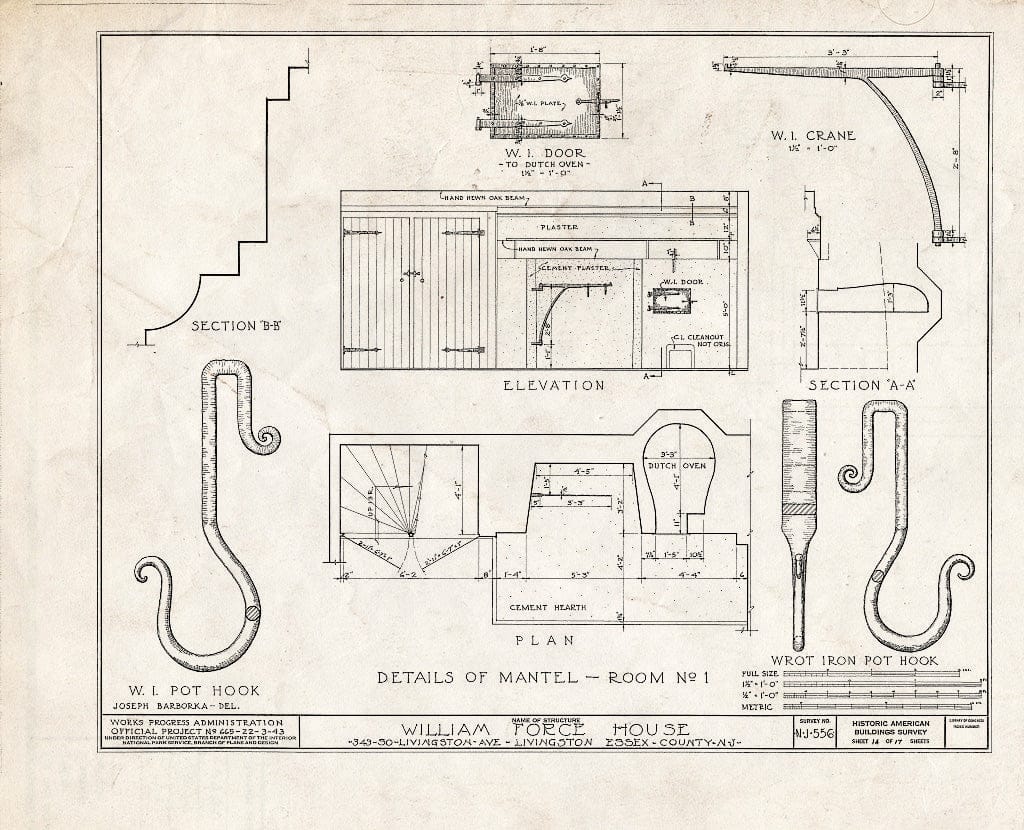 Historic Pictoric : Blueprint HABS NJ,7-LIV,1- (Sheet 14 of 17) - William Force House, 343 South Livingston Avenue, Livingston, Essex County, NJ