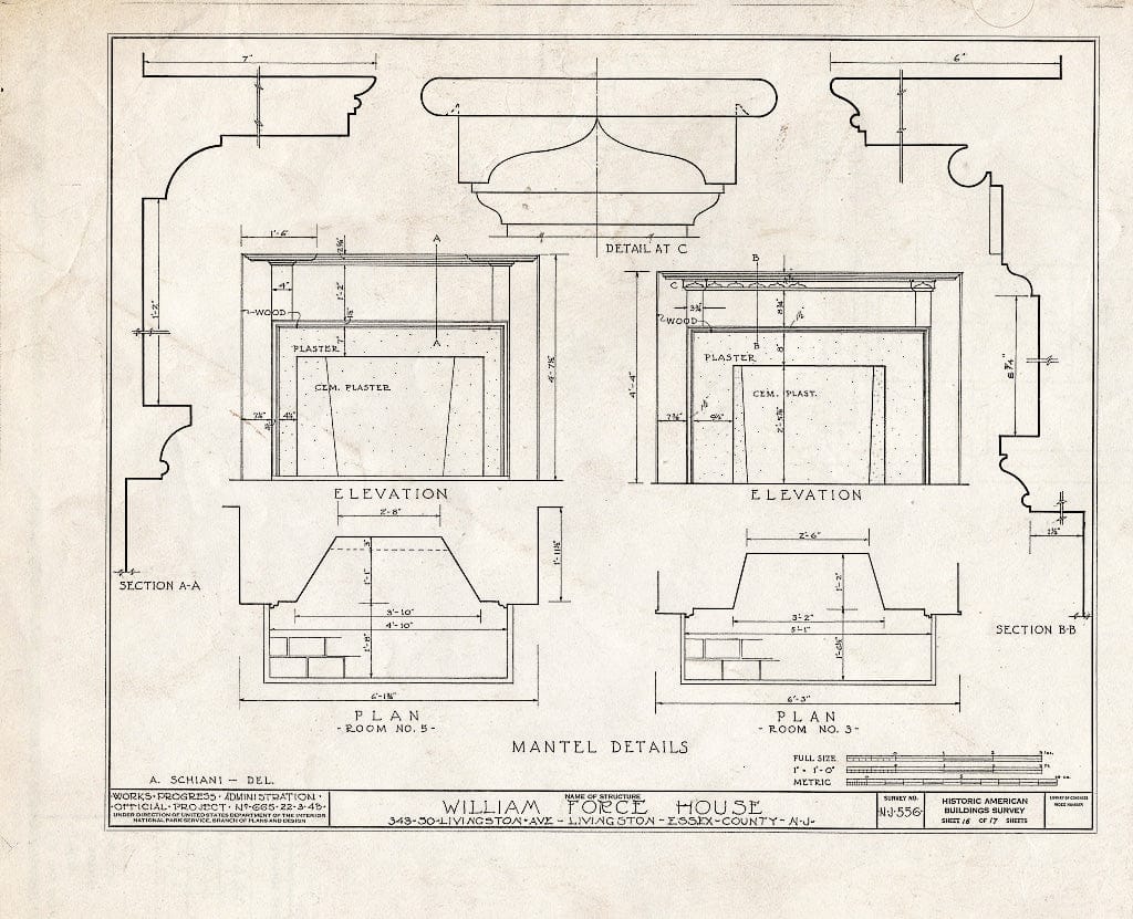 Historic Pictoric : Blueprint HABS NJ,7-LIV,1- (Sheet 16 of 17) - William Force House, 343 South Livingston Avenue, Livingston, Essex County, NJ