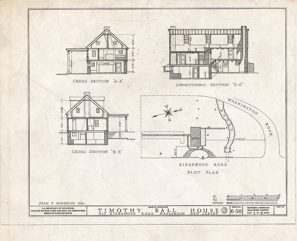 Historic Pictoric : Blueprint HABS NJ,7-MAPWO,1- (Sheet 1 of 9) - Timothy Ball House, 425 Ridgewood Road, Maplewood, Essex County, NJ