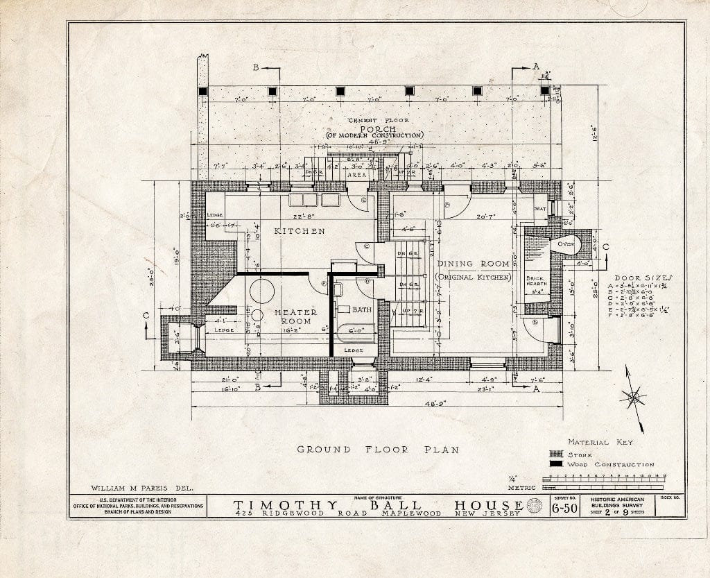 Historic Pictoric : Blueprint HABS NJ,7-MAPWO,1- (Sheet 2 of 9) - Timothy Ball House, 425 Ridgewood Road, Maplewood, Essex County, NJ