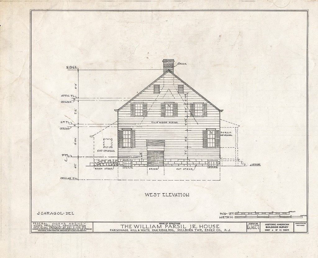 Historic Pictoric : Blueprint HABS NJ,7-MiLB,2- (Sheet 6 of 13) - William Parsil Jr. House, Parsonage Hill & White Oak Ridge Roads, Millburn, Essex County, NJ