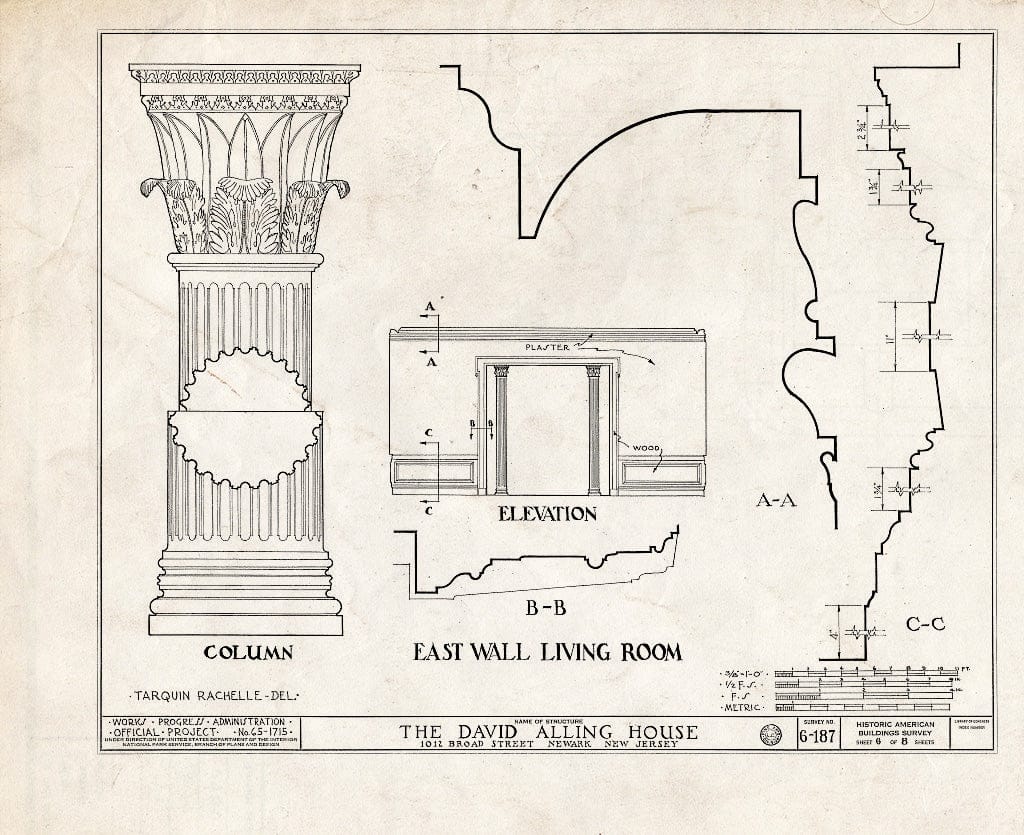 Historic Pictoric : Blueprint HABS NJ,7-NEARK,8- (Sheet 6 of 8) - Alling House, 1012 Broad Street, Newark, Essex County, NJ
