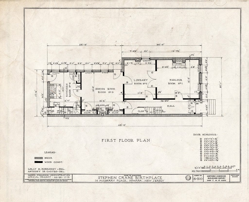 Historic Pictoric : Blueprint HABS NJ,7-NEARK,12- (Sheet 2 of 16) - Anthony Beam House, 14 Mulberry Place, Newark, Essex County, NJ