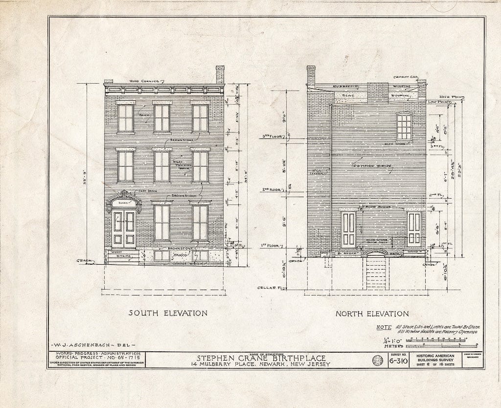 Historic Pictoric : Blueprint HABS NJ,7-NEARK,12- (Sheet 6 of 16) - Anthony Beam House, 14 Mulberry Place, Newark, Essex County, NJ