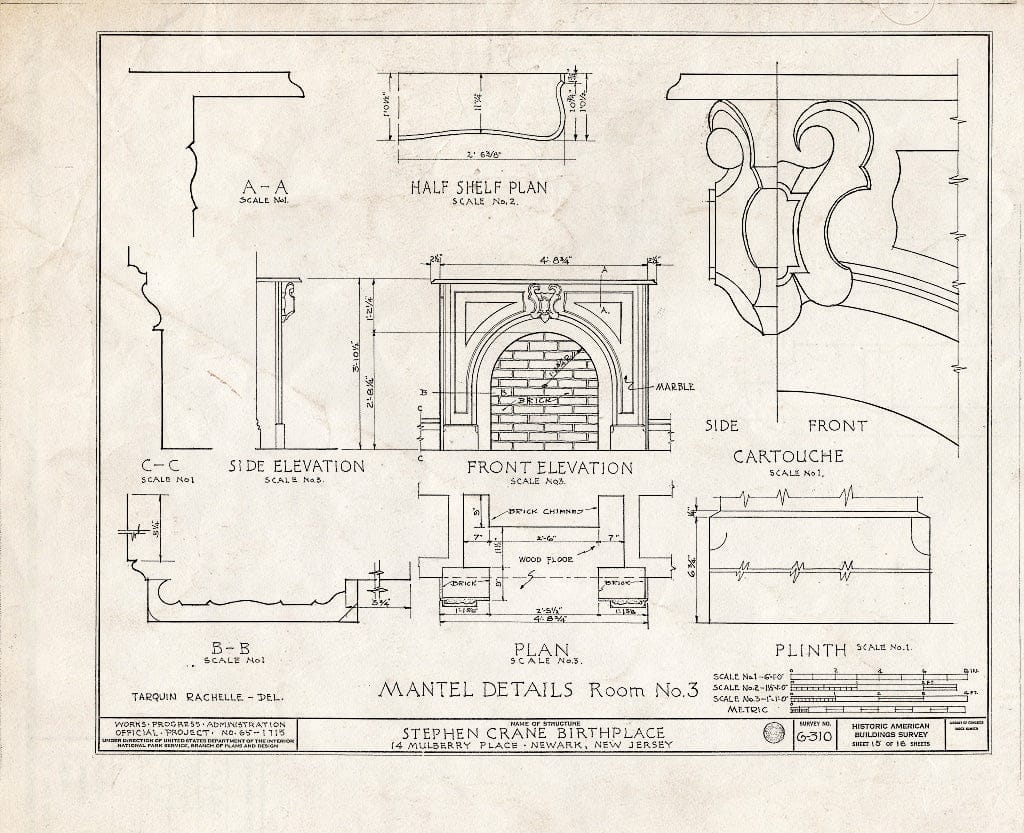Historic Pictoric : Blueprint HABS NJ,7-NEARK,12- (Sheet 15 of 16) - Anthony Beam House, 14 Mulberry Place, Newark, Essex County, NJ
