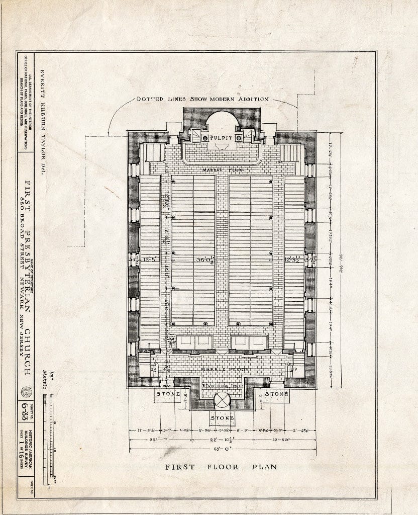 Historic Pictoric : Blueprint HABS NJ,7-NEARK,3- (Sheet 1 of 16) - First Presbyterian Church, 820 Broad Street, Newark, Essex County, NJ