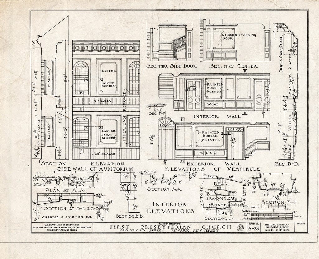 Historic Pictoric : Blueprint HABS NJ,7-NEARK,3- (Sheet 15 of 16) - First Presbyterian Church, 820 Broad Street, Newark, Essex County, NJ