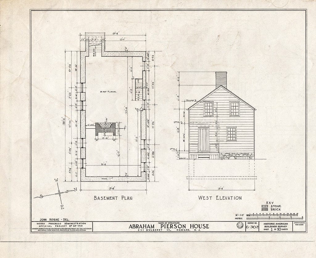 Historic Pictoric : Blueprint HABS NJ,7-NEARK,11- (Sheet 1 of 10) - Abraham Pierson House, 231 Mulberry Street, Newark, Essex County, NJ
