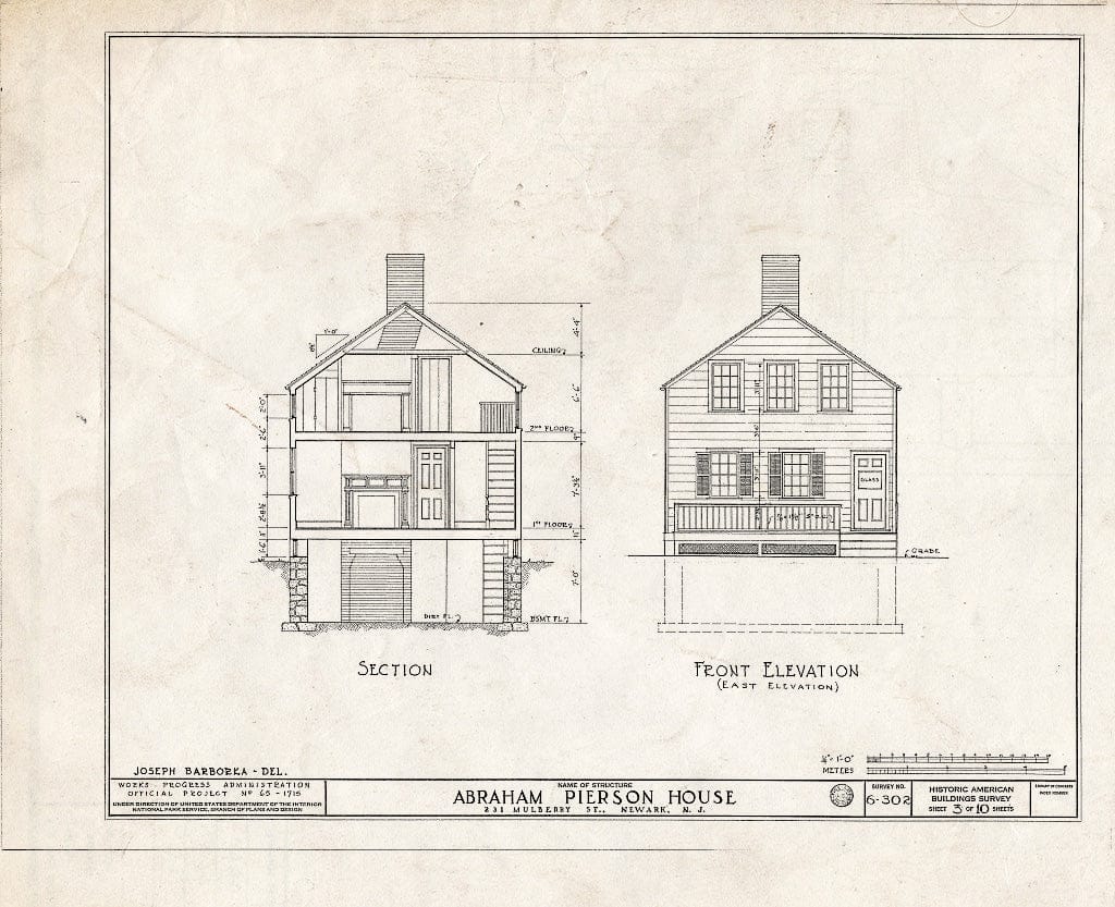 Historic Pictoric : Blueprint HABS NJ,7-NEARK,11- (Sheet 3 of 10) - Abraham Pierson House, 231 Mulberry Street, Newark, Essex County, NJ