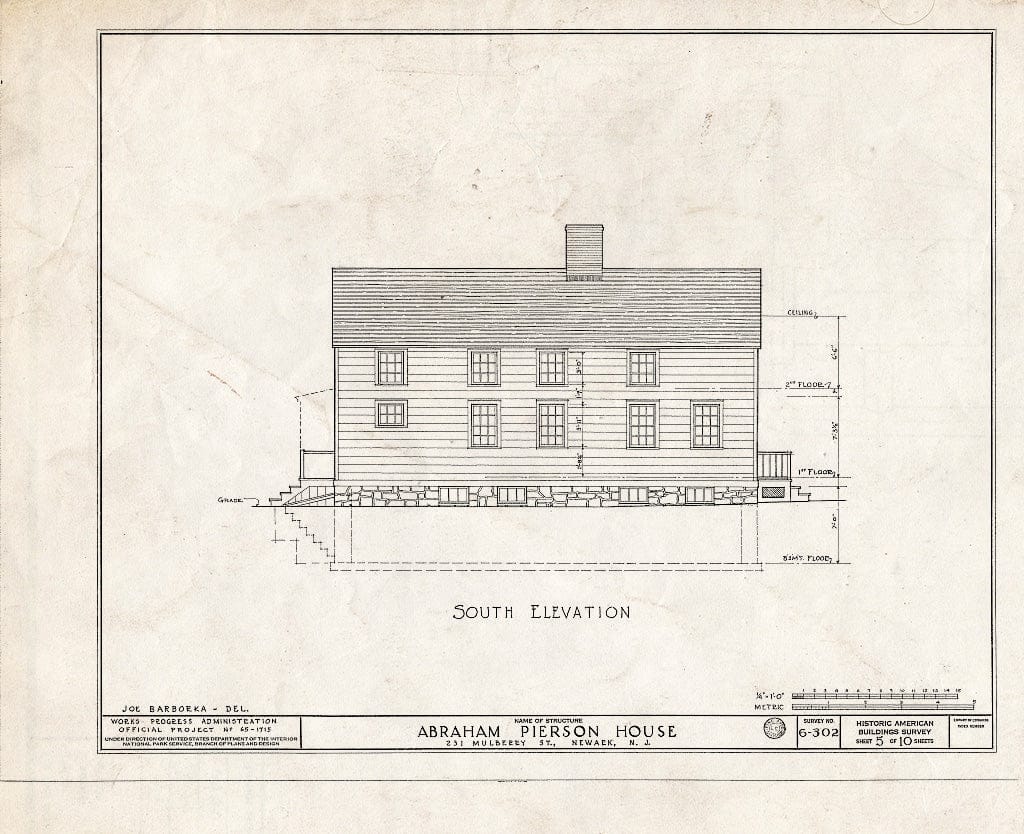 Historic Pictoric : Blueprint HABS NJ,7-NEARK,11- (Sheet 5 of 10) - Abraham Pierson House, 231 Mulberry Street, Newark, Essex County, NJ