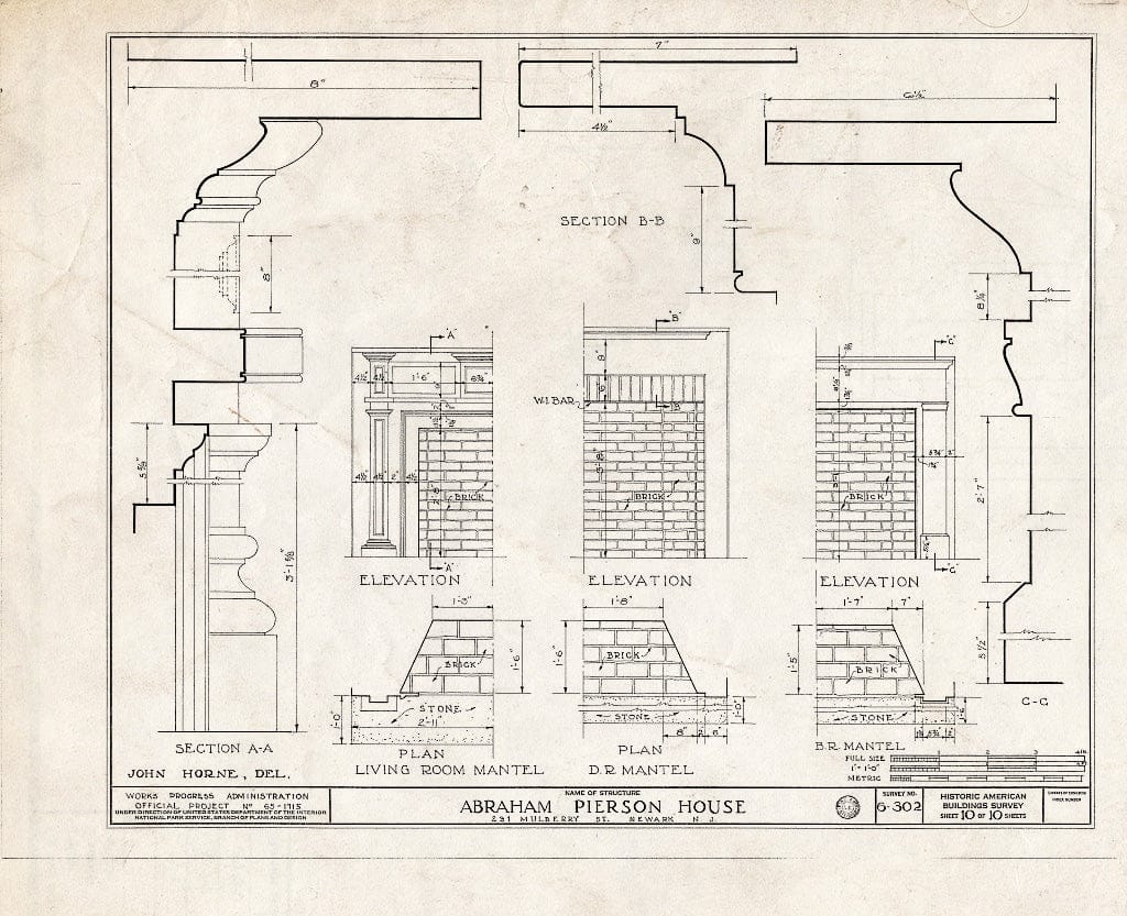 Historic Pictoric : Blueprint HABS NJ,7-NEARK,11- (Sheet 10 of 10) - Abraham Pierson House, 231 Mulberry Street, Newark, Essex County, NJ