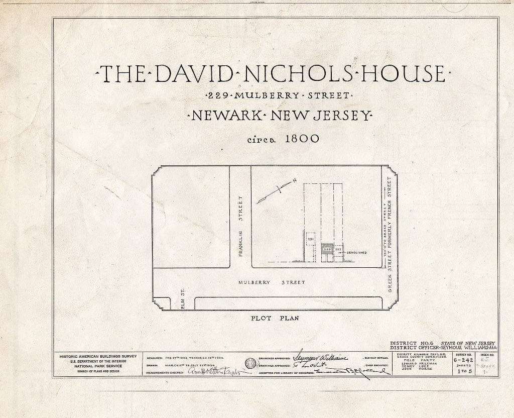 Historic Pictoric : Blueprint HABS NJ,7-NEARK,9- (Sheet 0 of 5) - David Nichols House, 229 Mulberry, Newark, Essex County, NJ