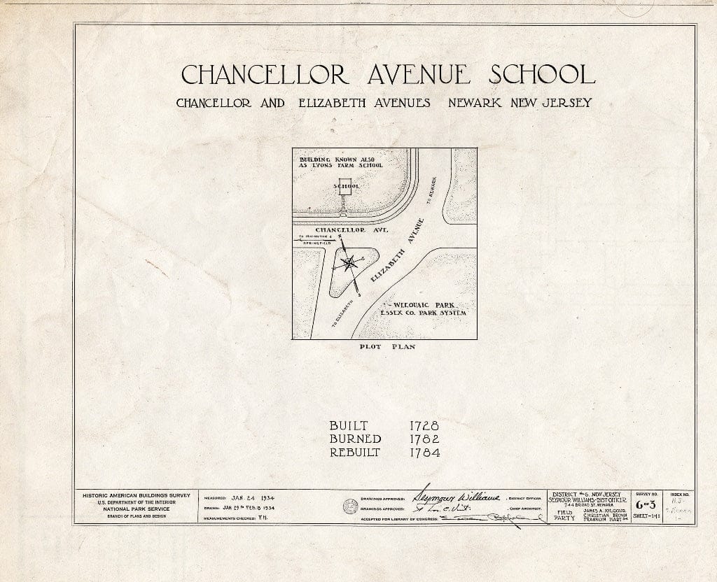 Historic Pictoric : Blueprint HABS NJ,7-NEARK,1- (Sheet 0 of 1) - Lyons Farm Schoolhouse, Chancellor & Elizabeth Avenues, Newark, Essex County, NJ