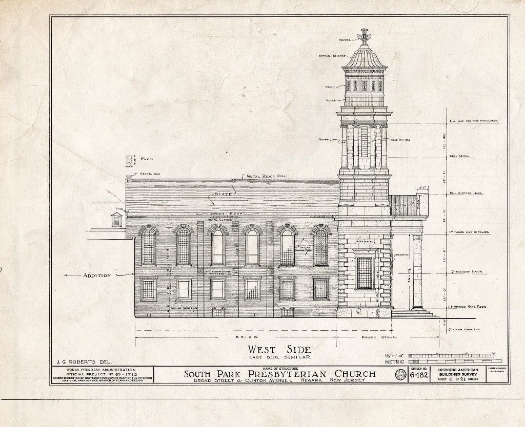 Historic Pictoric : Blueprint HABS NJ,7-NEARK,7- (Sheet 6 of 21) - South Park Presbyterian Church, Broad Street & Clinton Avenue, Newark, Essex County, NJ