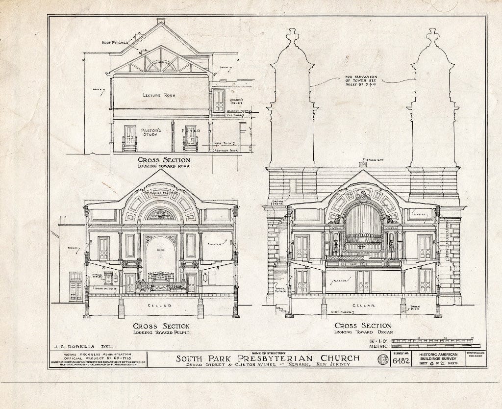 Historic Pictoric : Blueprint HABS NJ,7-NEARK,7- (Sheet 8 of 21) - South Park Presbyterian Church, Broad Street & Clinton Avenue, Newark, Essex County, NJ