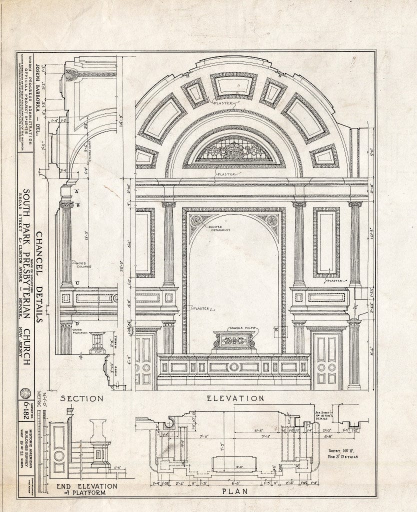 Historic Pictoric : Blueprint HABS NJ,7-NEARK,7- (Sheet 19 of 21) - South Park Presbyterian Church, Broad Street & Clinton Avenue, Newark, Essex County, NJ