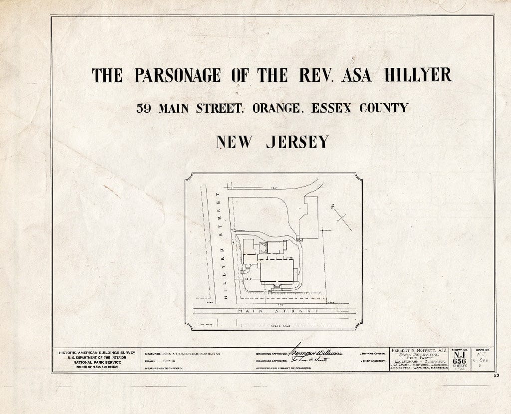 Blueprint HABS NJ,7-ORA,2- (Sheet 0 of 22) - Reverend ASA Hillyer Parsonage, 59 Main Street, Orange, Essex County, NJ
