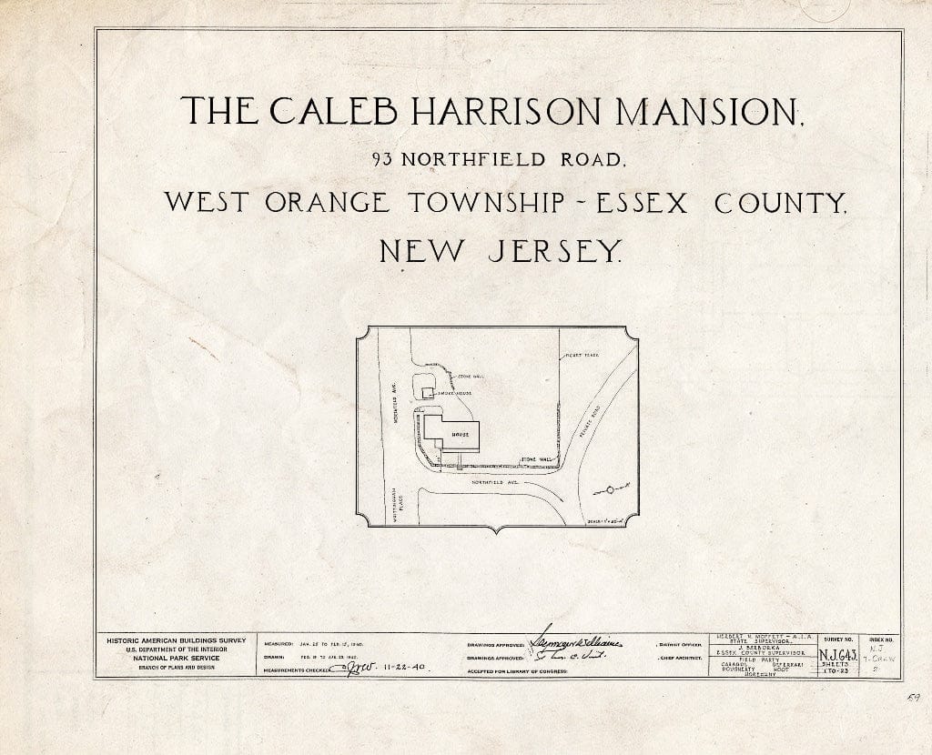 Blueprint HABS NJ,7-ORAW,2- (Sheet 0 of 23) - Caleb Harrison House, 93 Northfield Avenue, West Orange, Essex County, NJ
