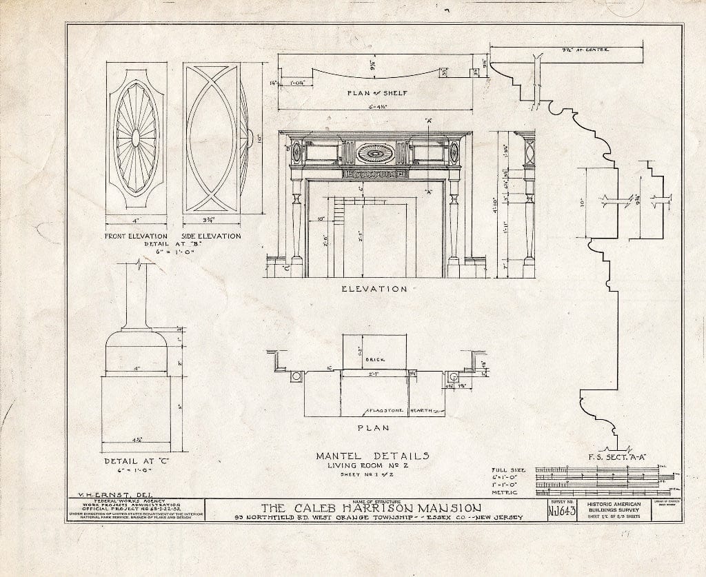 Blueprint HABS NJ,7-ORAW,2- (Sheet 17 of 23) - Caleb Harrison House, 93 Northfield Avenue, West Orange, Essex County, NJ
