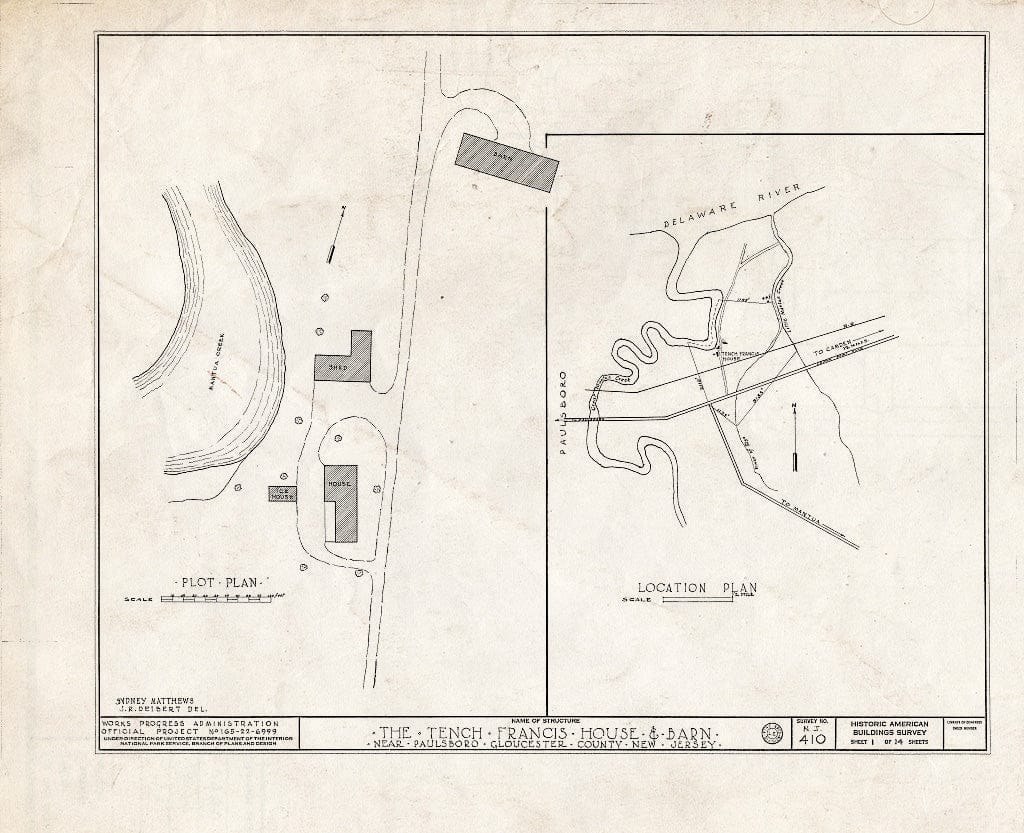Blueprint HABS NJ,8-PABO.V,2- (Sheet 1 of 14) - Tench Francis House & Barn, Manuta Creek, Paulsboro, Gloucester County, NJ