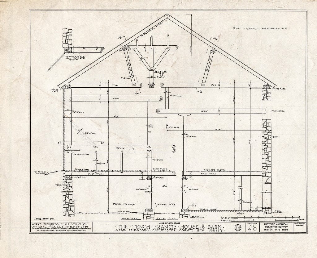 Blueprint HABS NJ,8-PABO.V,2- (Sheet 14 of 14) - Tench Francis House & Barn, Manuta Creek, Paulsboro, Gloucester County, NJ