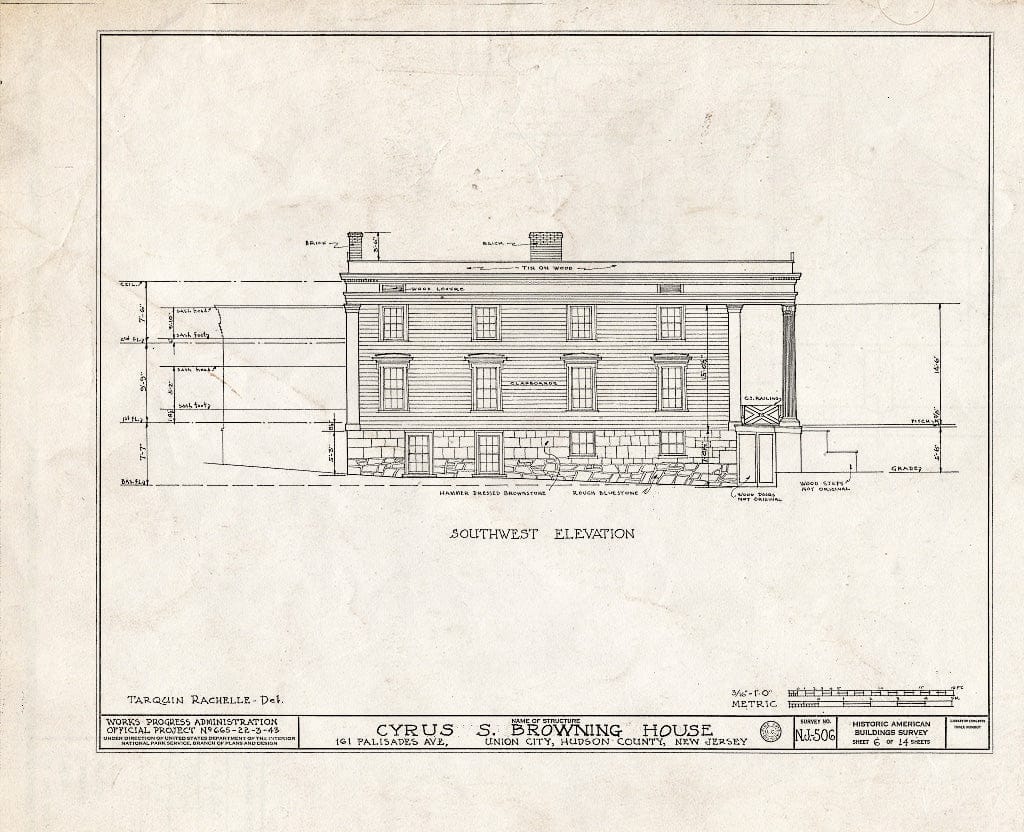 Blueprint HABS NJ,9-UNCI,2- (Sheet 6 of 14) - Cyrus S. Browning House, 161 Palisade Avenue, Union City, Hudson County, NJ