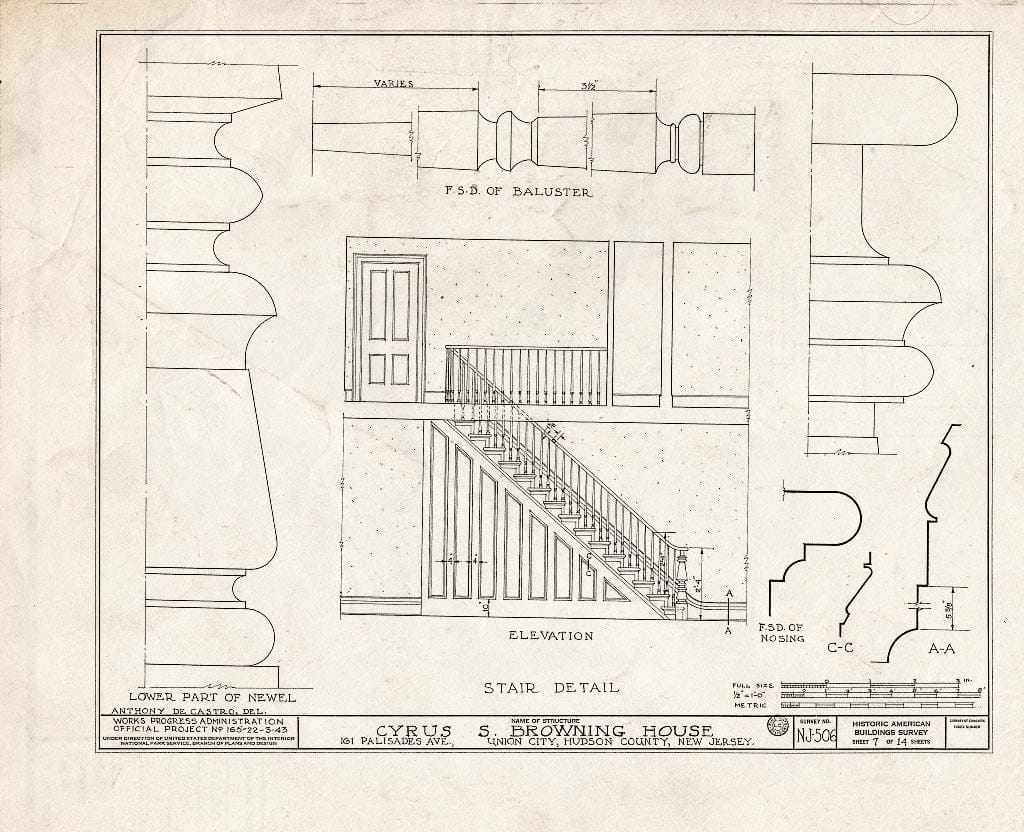 Blueprint HABS NJ,9-UNCI,2- (Sheet 7 of 14) - Cyrus S. Browning House, 161 Palisade Avenue, Union City, Hudson County, NJ