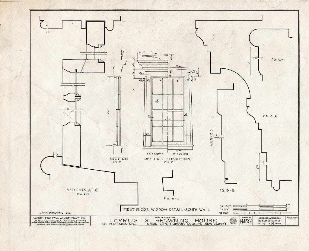 Blueprint HABS NJ,9-UNCI,2- (Sheet 8 of 14) - Cyrus S. Browning House, 161 Palisade Avenue, Union City, Hudson County, NJ