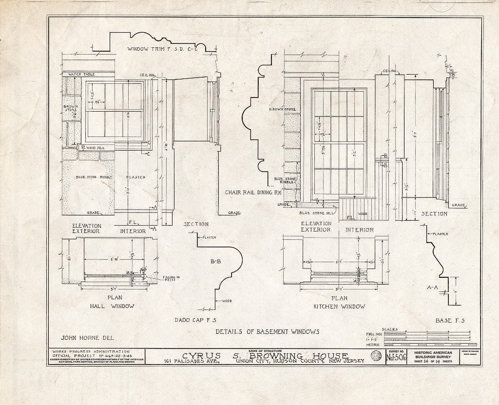 Blueprint HABS NJ,9-UNCI,2- (Sheet 14 of 14) - Cyrus S. Browning House, 161 Palisade Avenue, Union City, Hudson County, NJ