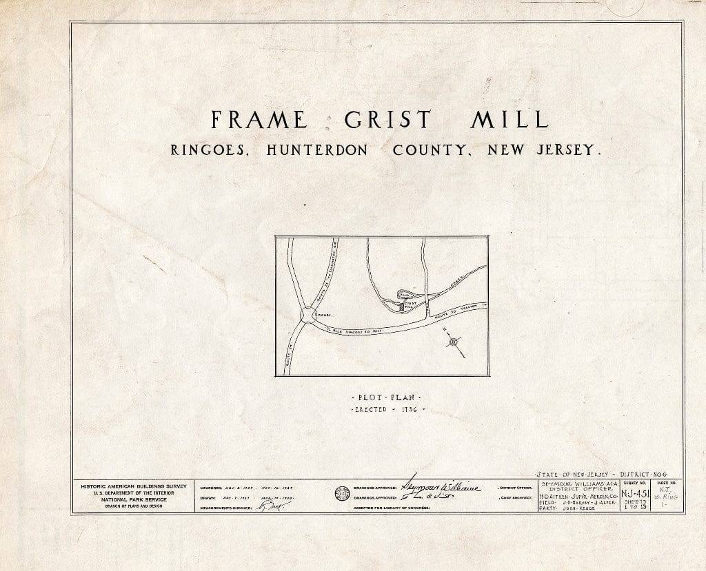 Blueprint HABS NJ,10-Ring,1- (Sheet 0 of 13) - Frame Grist Mill, Route 30, Ringoes, Hunterdon County, NJ