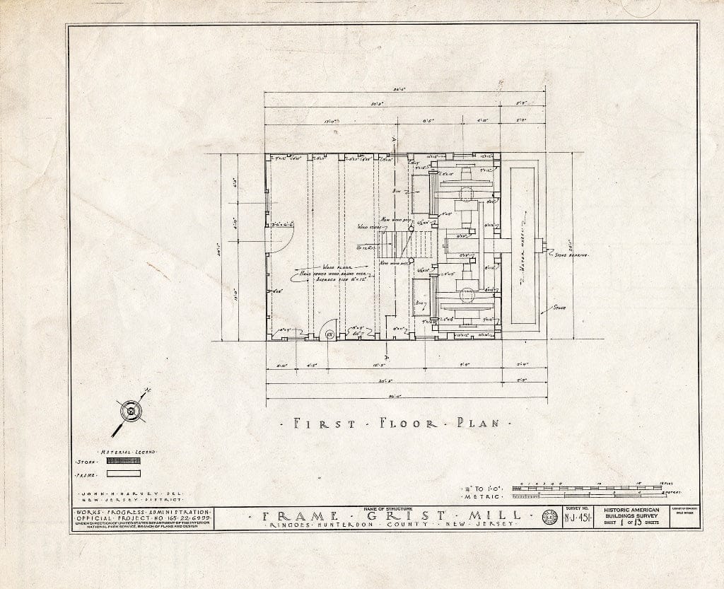 Blueprint HABS NJ,10-Ring,1- (Sheet 1 of 13) - Frame Grist Mill, Route 30, Ringoes, Hunterdon County, NJ