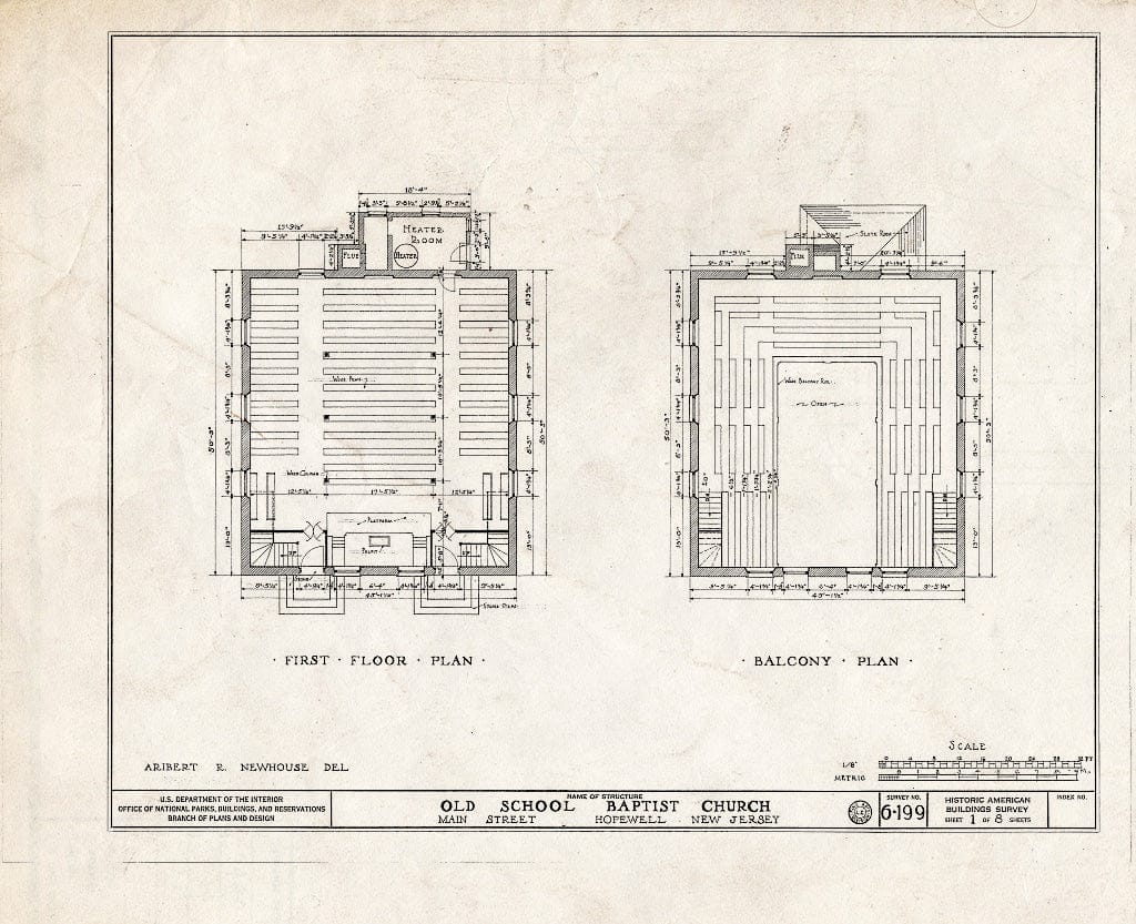 Blueprint HABS NJ,11-HOP,1- (Sheet 1 of 8) - Old School Baptist Church, Main Street, Hopewell, Mercer County, NJ