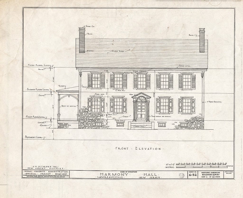 Blueprint HABS NJ,11-LAWR,1- (Sheet 1 of 12) - Harmony Hall, Main Street, Lawrenceville, Mercer County, NJ