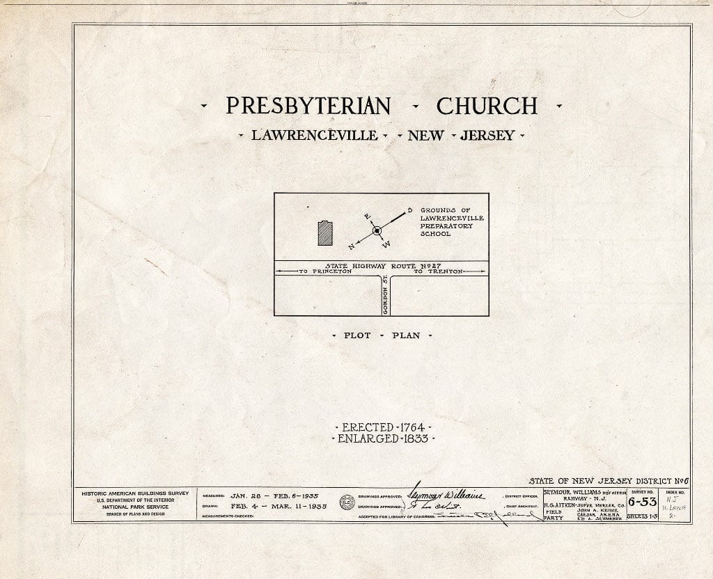 Blueprint HABS NJ,11-LAWR,2- (Sheet 0 of 5) - Presbyterian Church, Main Street, Lawrenceville, Mercer County, NJ