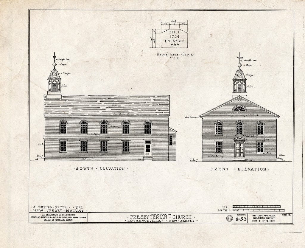 Blueprint HABS NJ,11-LAWR,2- (Sheet 1 of 5) - Presbyterian Church, Main Street, Lawrenceville, Mercer County, NJ