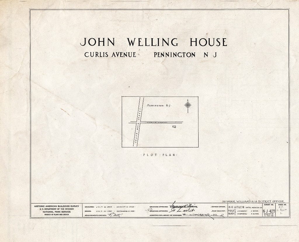 Blueprint HABS NJ,11-Pent,1- (Sheet 0 of 13) - John Welling House, Curlis Avenue, Pennington, Mercer County, NJ
