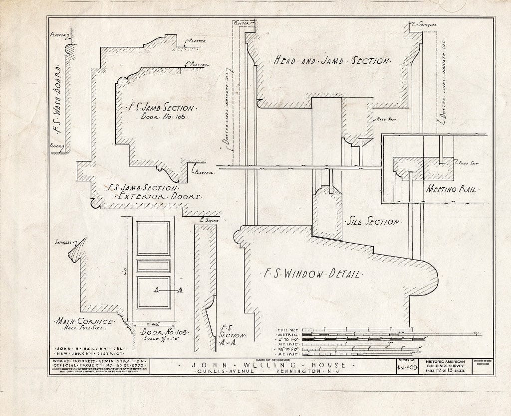Blueprint HABS NJ,11-Pent,1- (Sheet 12 of 13) - John Welling House, Curlis Avenue, Pennington, Mercer County, NJ
