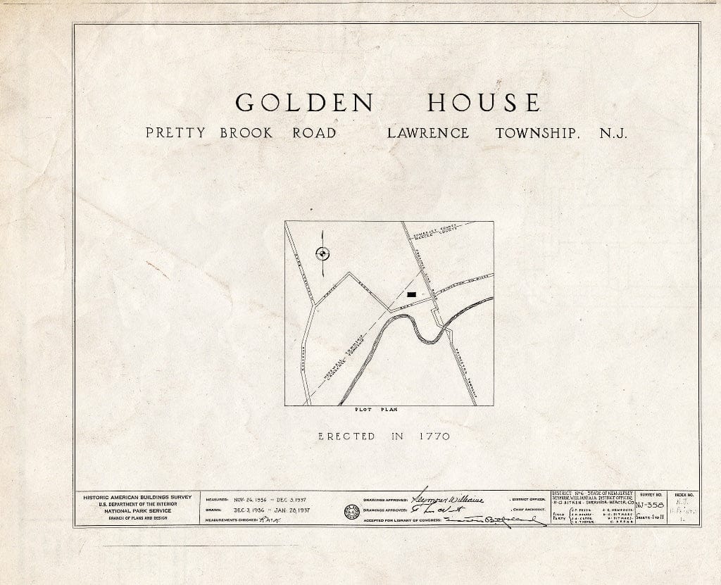 Blueprint HABS NJ,11-Print.V,1- (Sheet 0 of 11) - John Golden House, Pretty Brook Road, Princeton, Mercer County, NJ