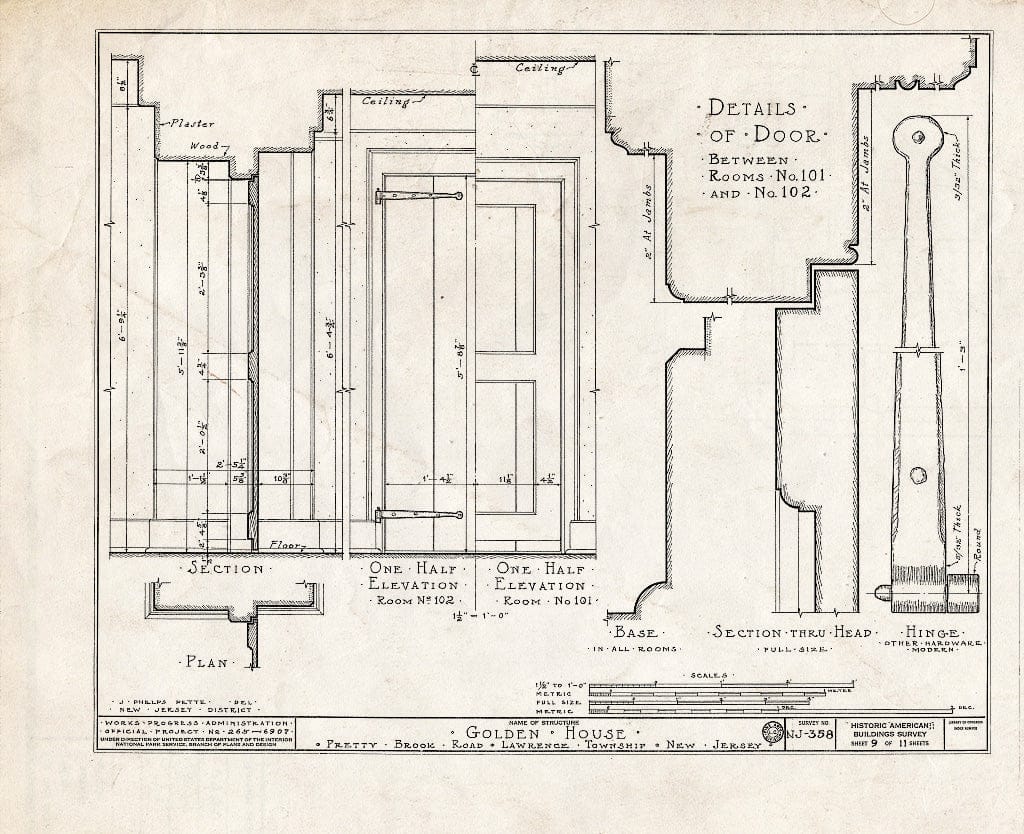 Blueprint HABS NJ,11-Print.V,1- (Sheet 9 of 11) - John Golden House, Pretty Brook Road, Princeton, Mercer County, NJ