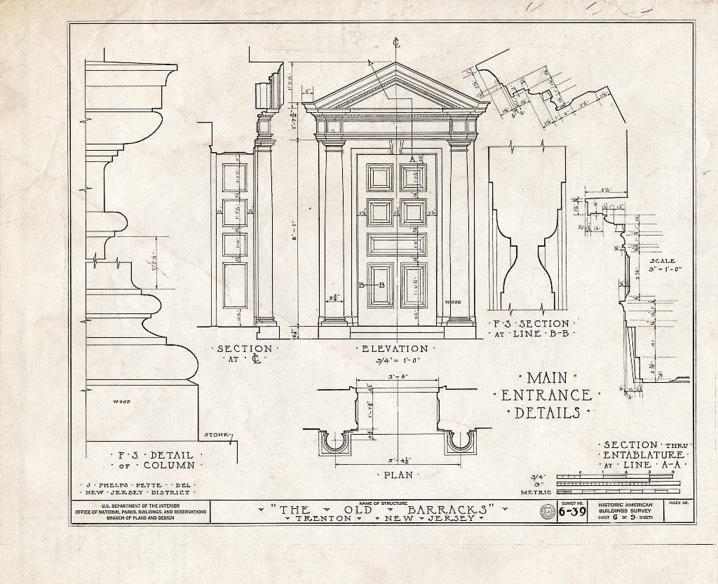 Blueprint HABS NJ,11-Tret,4- (Sheet 6 of 9) - Old Barracks, South Willow Street, Trenton, Mercer County, NJ