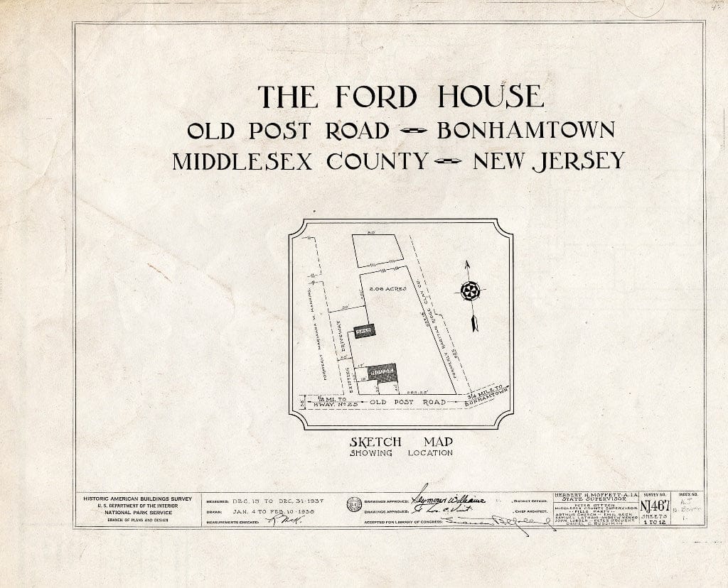 Blueprint HABS NJ,12-BONTO,1- (Sheet 0 of 12) - Charles Ford House, Old Post Road, Bonhamtown, Middlesex County, NJ