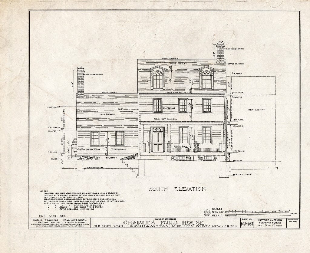 Blueprint HABS NJ,12-BONTO,1- (Sheet 5 of 12) - Charles Ford House, Old Post Road, Bonhamtown, Middlesex County, NJ