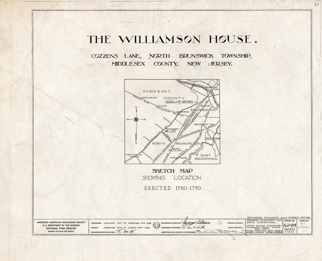 Blueprint HABS NJ,12-FRAPA.V,1- (Sheet 0 of 11) - Williamson House, Cozzens Lane, Franklin Park, Middlesex County, NJ