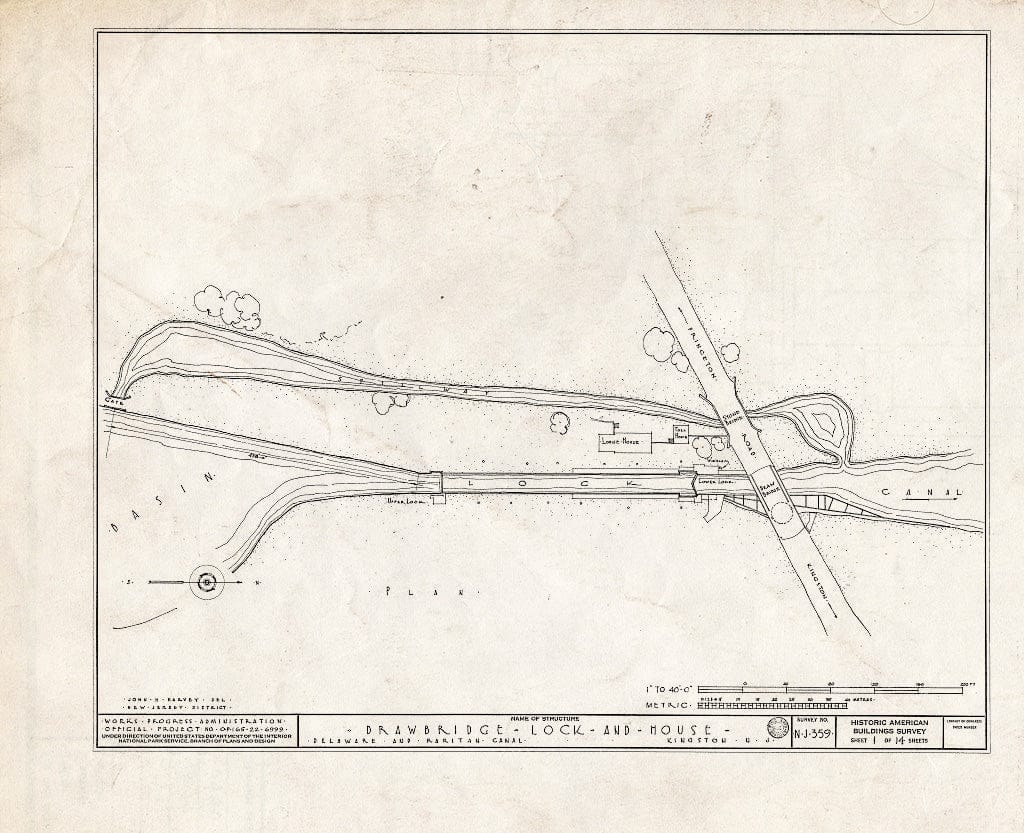 Blueprint HABS NJ,12-PLABO.V,3- (Sheet 1 of 14) - Delaware & Raritan Canal, Drawbridge, Lock & Tollhouse, Delaware & Raritan Canal, Heathcote, Middlesex County, NJ