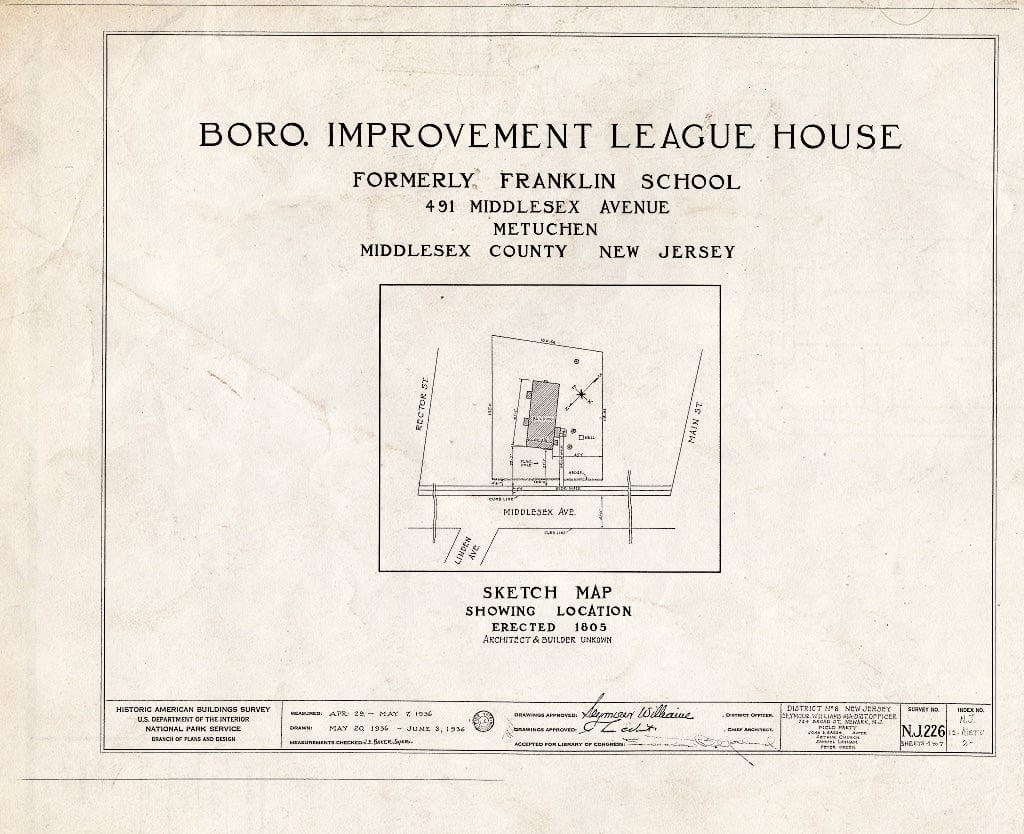 Blueprint HABS NJ,12-METU,2- (Sheet 0 of 7) - Borough Improvement League House, 491 Middlesex Avenue, Metuchen, Middlesex County, NJ