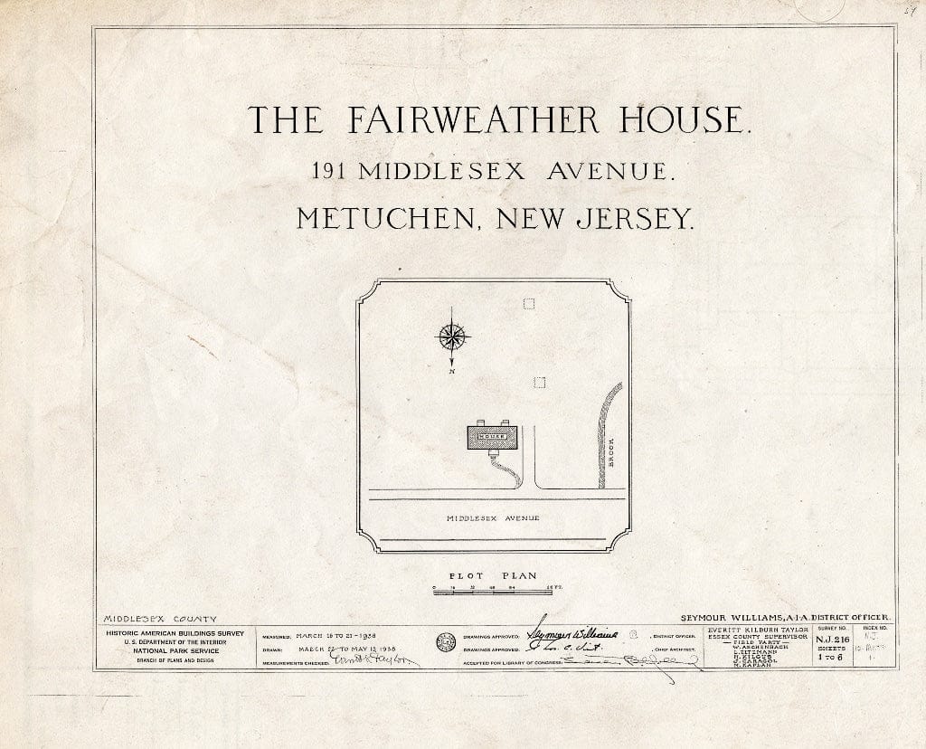 Blueprint HABS NJ,12-METU,1- (Sheet 0 of 6) - Thomas Fairweather House, 191 Middlesex Avenue, Metuchen, Middlesex County, NJ