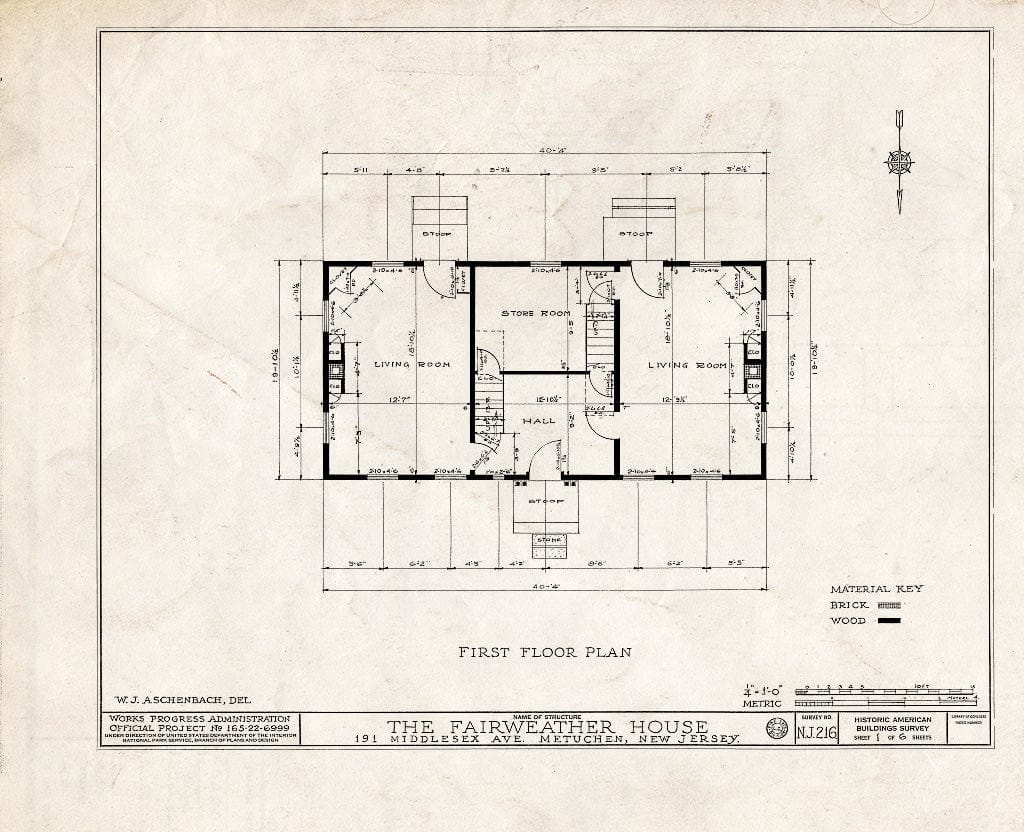 Blueprint HABS NJ,12-METU,1- (Sheet 1 of 6) - Thomas Fairweather House, 191 Middlesex Avenue, Metuchen, Middlesex County, NJ