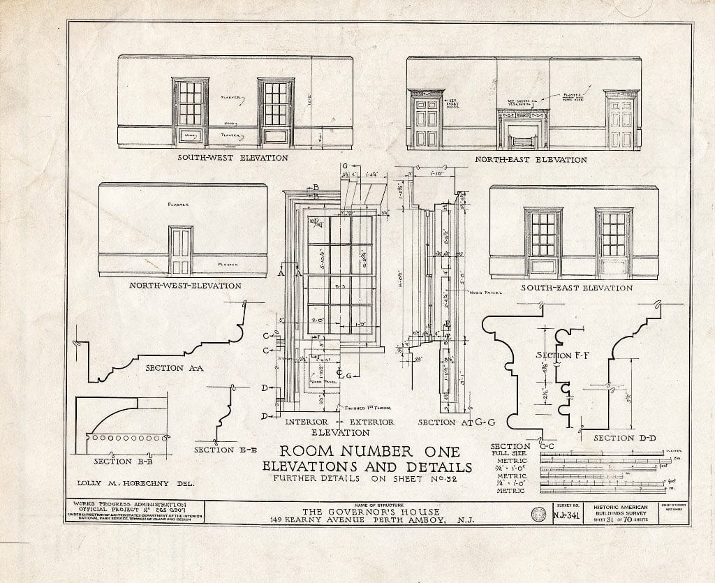 Blueprint Room Number One, Elevations and Details, Further Details on Sheet No. 32 - Governor's House, 149 Kearny Avenue, Perth Amboy, Middlesex County, NJ