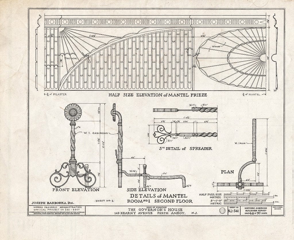 Blueprint Details of Mantel, Room No. 1, Second Floor (Sheet No. 2) - Governor's House, 149 Kearny Avenue, Perth Amboy, Middlesex County, NJ